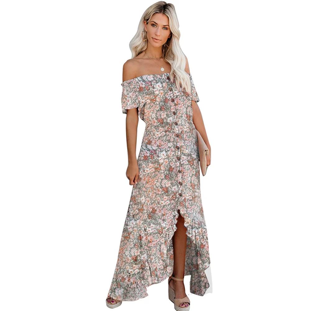 Fashion Sexy off-the-Shoulder Short Sleeve Dress Female 20224 Summer New Arrival Stylish Printed Waist-Controlled Slit Dress - Image 8