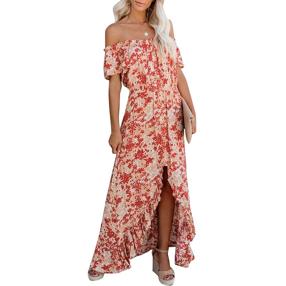 Fashion Sexy off-the-Shoulder Short Sleeve Dress Female 20224 Summer New Arrival Stylish Printed Waist-Controlled Slit Dress - Image 9