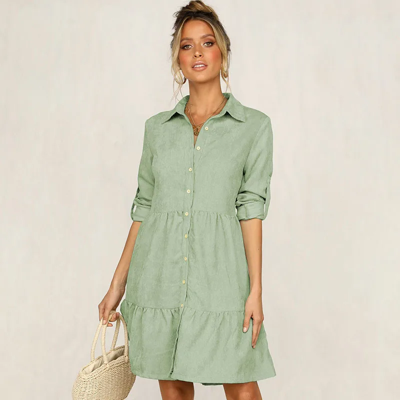 Fashion Shirt Dress women Casual Button Turn-down Collar Long Sleeve Ruffles A-line Dress 2021 Spring Woman Pink Party Dresses - Image 2