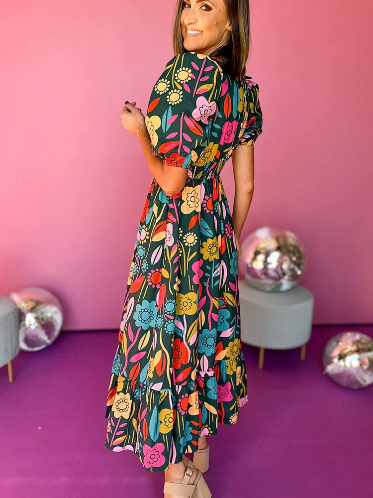Fashion Short Sleeve Dress Slimming V-Neckline Florals Print - Image 6