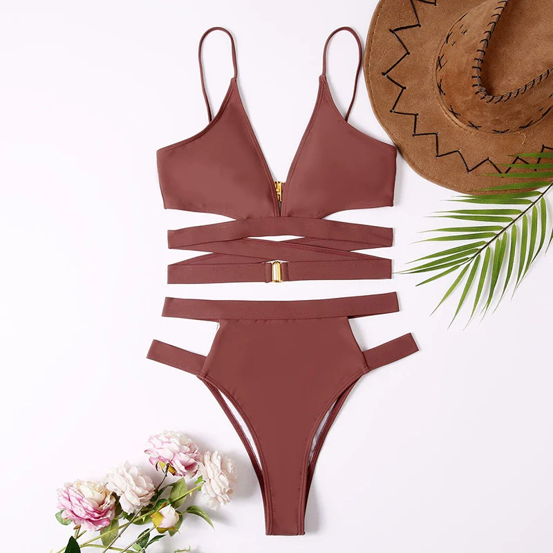 Fashion Slim Looking Pure Color Separates Swimsuit High Waist Bikini Cross Sexy Bikini with Chest Pad Swimming Suit Women - Image 5