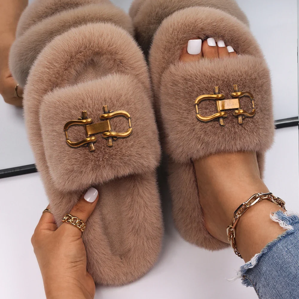 Fashion Slippers Women Buckle Decor Furry Slides Ladies Fluffy Flip Flops Luxury Designer Fur Sandals Cute Slippers Casual Shoes - Image 12