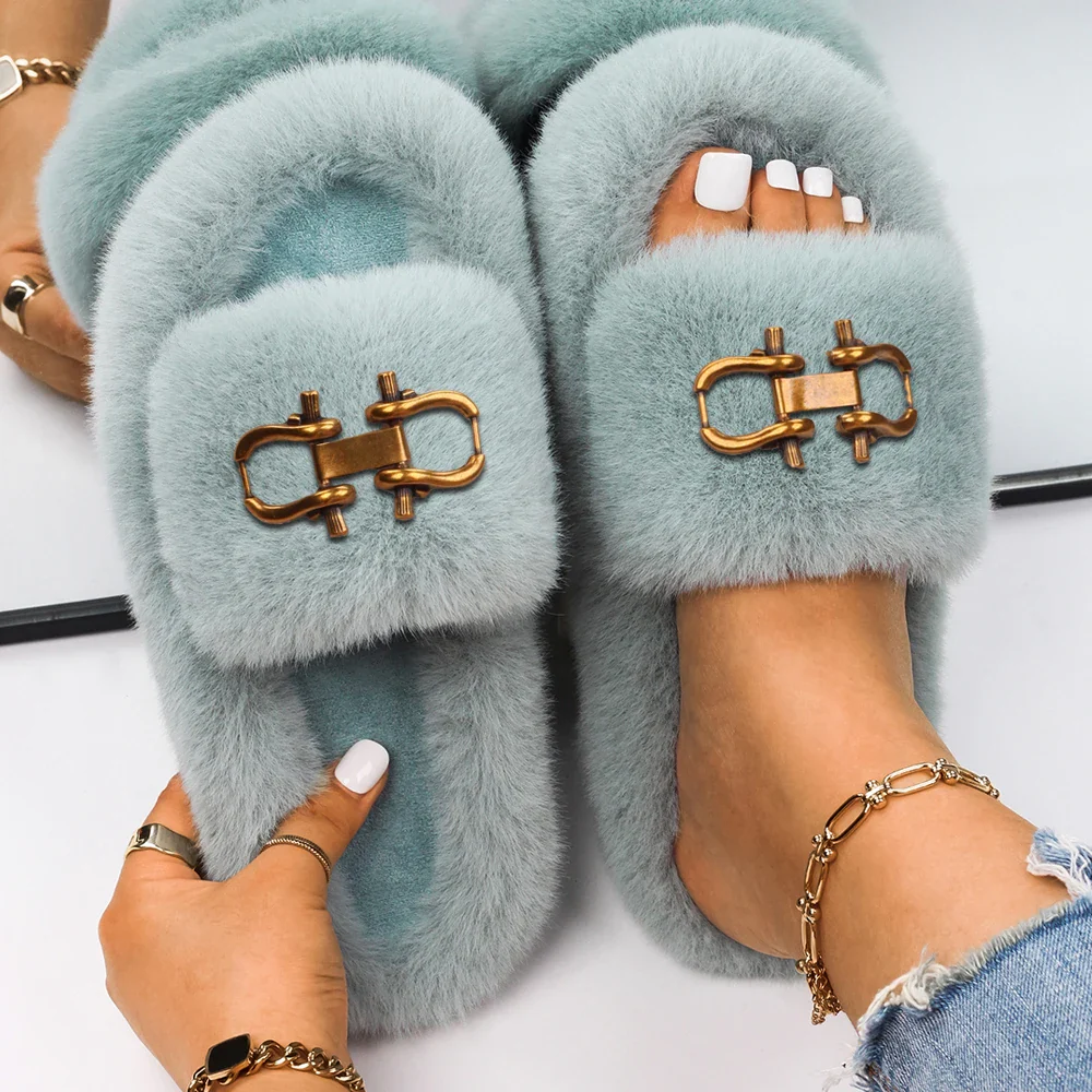 Fashion Slippers Women Buckle Decor Furry Slides Ladies Fluffy Flip Flops Luxury Designer Fur Sandals Cute Slippers Casual Shoes - Image 3