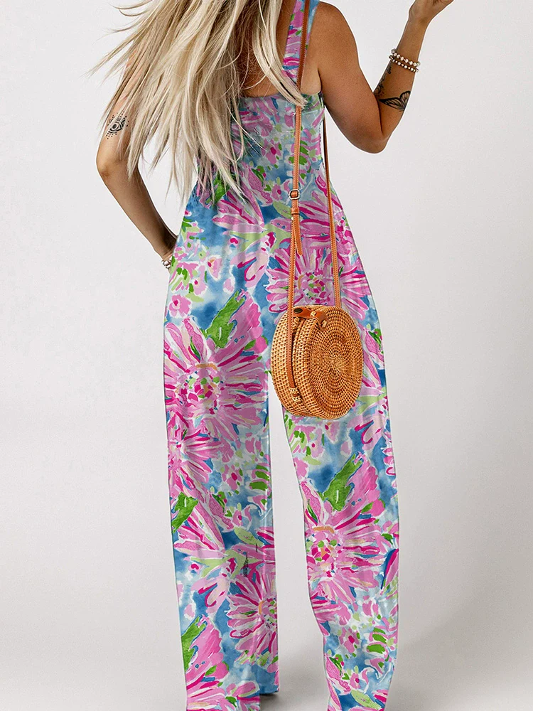 Fashion Smocking Thin Print High Waist Jumpsuit - Image 2