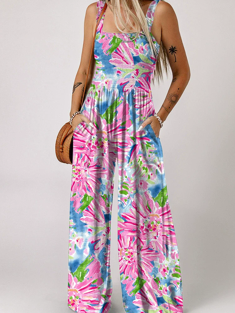 Fashion Smocking Thin Print High Waist Jumpsuit - Image 3