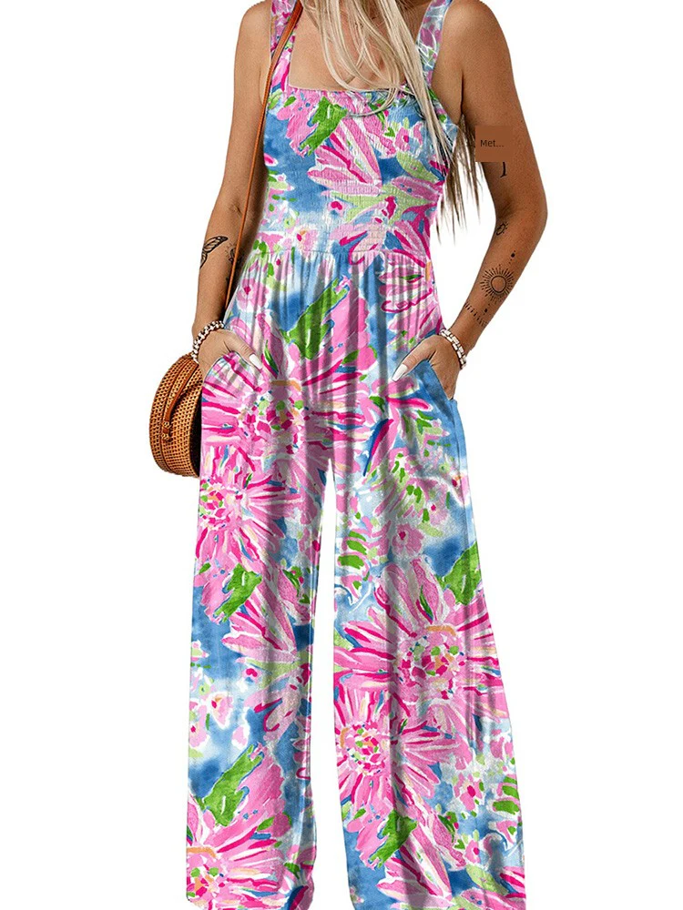 Fashion Smocking Thin Print High Waist Jumpsuit - Image 5