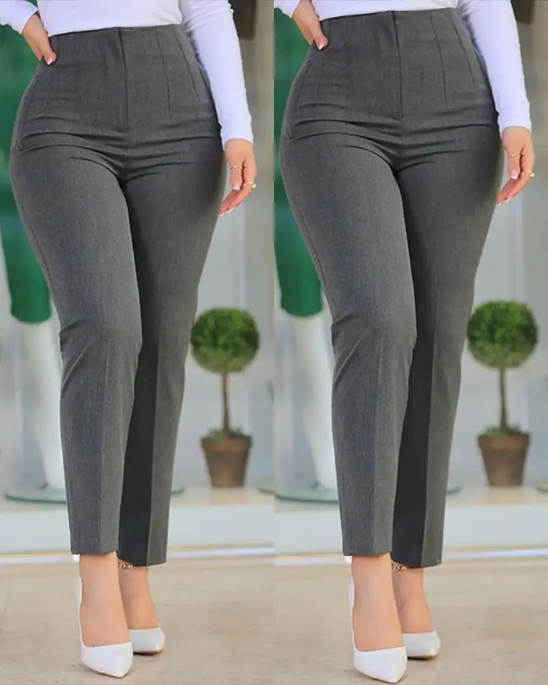 Fashion Solid Slim Trousers Elegant Office Lady High Waist Pocket Nine Point Pants 2024 Autumn New Casual Women Clothing - Image 11
