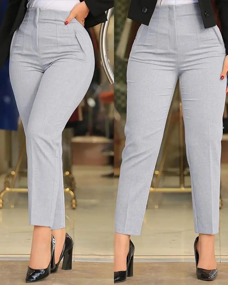 Fashion Solid Slim Trousers Elegant Office Lady High Waist Pocket Nine Point Pants 2024 Autumn New Casual Women Clothing - Image 13