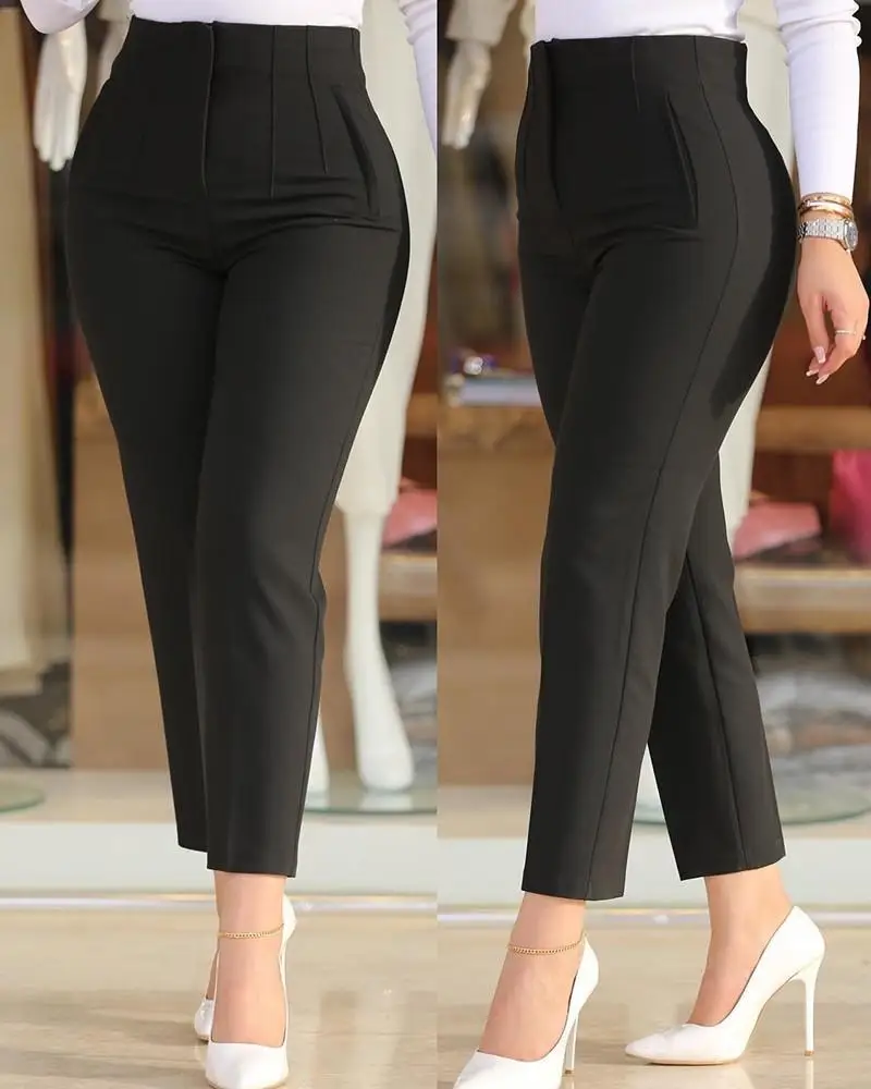 Fashion Solid Slim Trousers Elegant Office Lady High Waist Pocket Nine Point Pants 2024 Autumn New Casual Women Clothing - Image 3