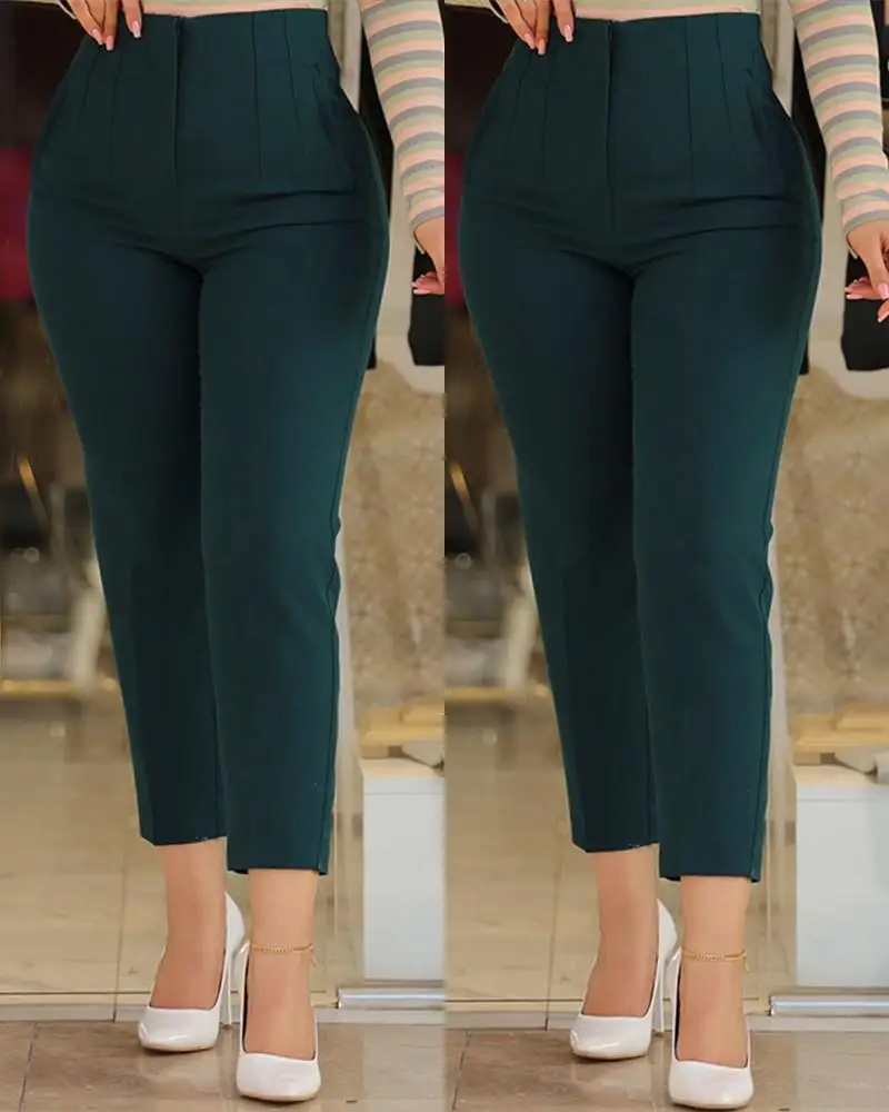 Fashion Solid Slim Trousers Elegant Office Lady High Waist Pocket Nine Point Pants 2024 Autumn New Casual Women Clothing - Image 8