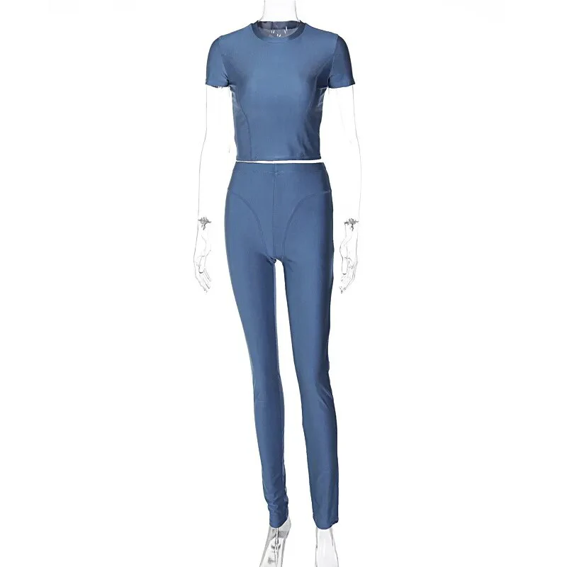 Fashion Sports Clothes Set for Women Short Sleeve Top and Skinny High Waist Pants Solid Gym Outfits Casual Streetwear Trousers - Image 2