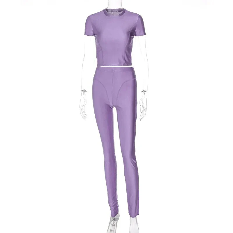Fashion Sports Clothes Set for Women Short Sleeve Top and Skinny High Waist Pants Solid Gym Outfits Casual Streetwear Trousers - Image 3