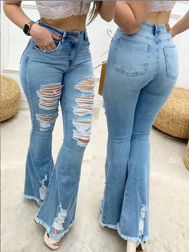 Fashion Striped Woman Flare Jeans Elastic Skinny Denim Wide-Leg Flare Pants Street Hipster Ripped Trousers S-2XL Drop shipping - Image 2