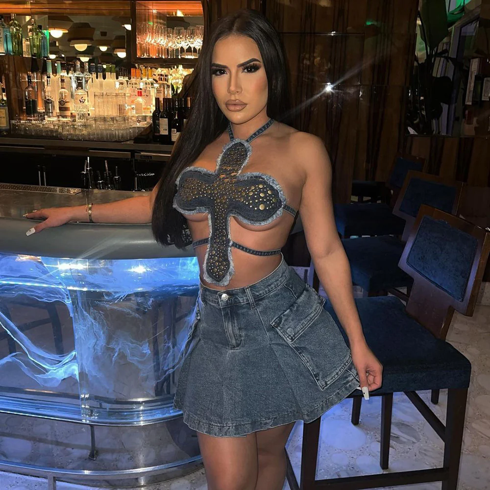 Fashion Top Jeans Sexy Halter Denim Women's Tube Tops with Backless 2023 Summer Ladies Corset Crop Top - Image 3