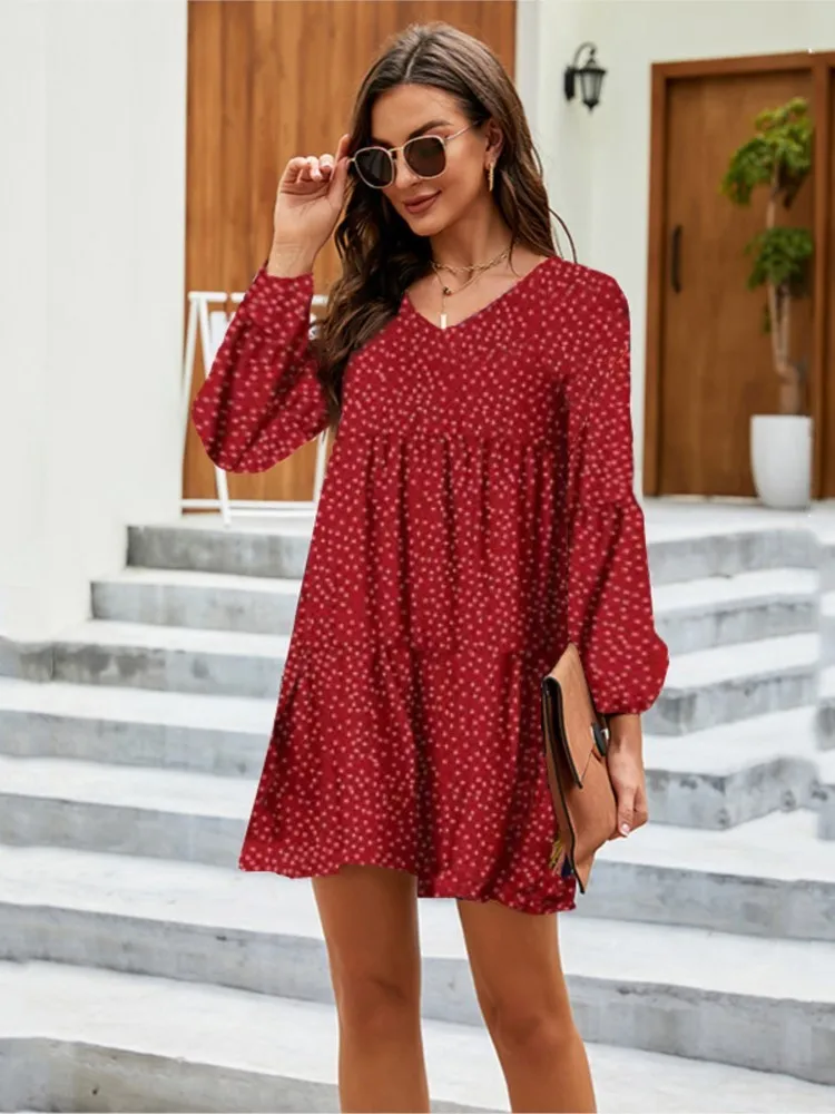 Fashion V Neck Print Dress Women Casual Loose Long Sleeve Beach Party Mini Dresses Elegant Female Holiday Vestidos Autumn Winter - Image 3