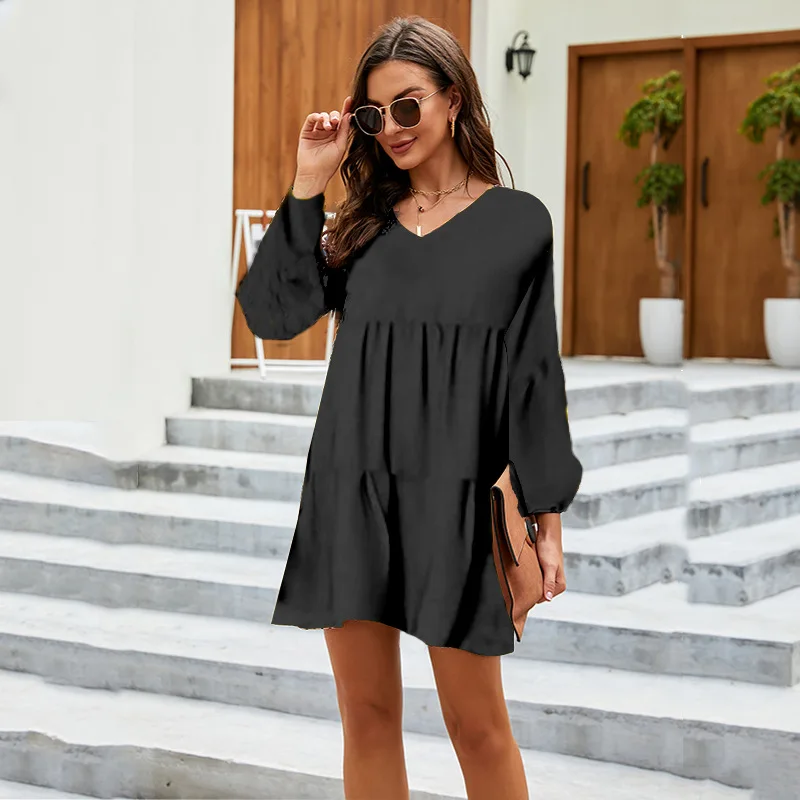 Fashion V Neck Print Dress Women Casual Loose Long Sleeve Beach Party Mini Dresses Elegant Female Holiday Vestidos Autumn Winter - Image 7