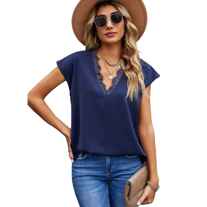 Fashion V Neck Pullover Stylish Short Sleeve Tops Lace - Image 11