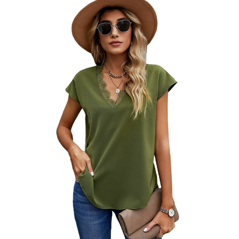 Fashion V Neck Pullover Stylish Short Sleeve Tops Lace - Image 12