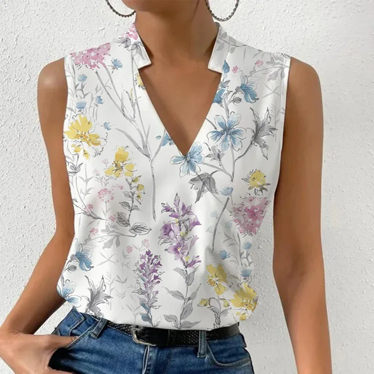 Fashion V-neck Sleeveless Print Women Tops And Blouses 2023 Summer Casual White Tank Top Femme Shirt Blouse - Image 2