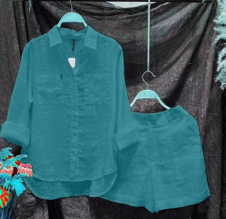Fashion White Long Sleeve Shirt And Shorts Two Piece Sets Women 2023 Summer Cotton Linen Casual Home 2 Piece Set For Women - Image 3