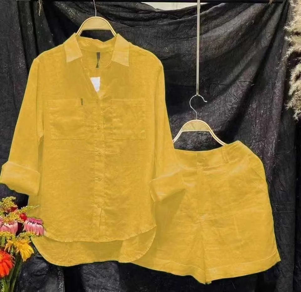 Fashion White Long Sleeve Shirt And Shorts Two Piece Sets Women 2023 Summer Cotton Linen Casual Home 2 Piece Set For Women - Image 5