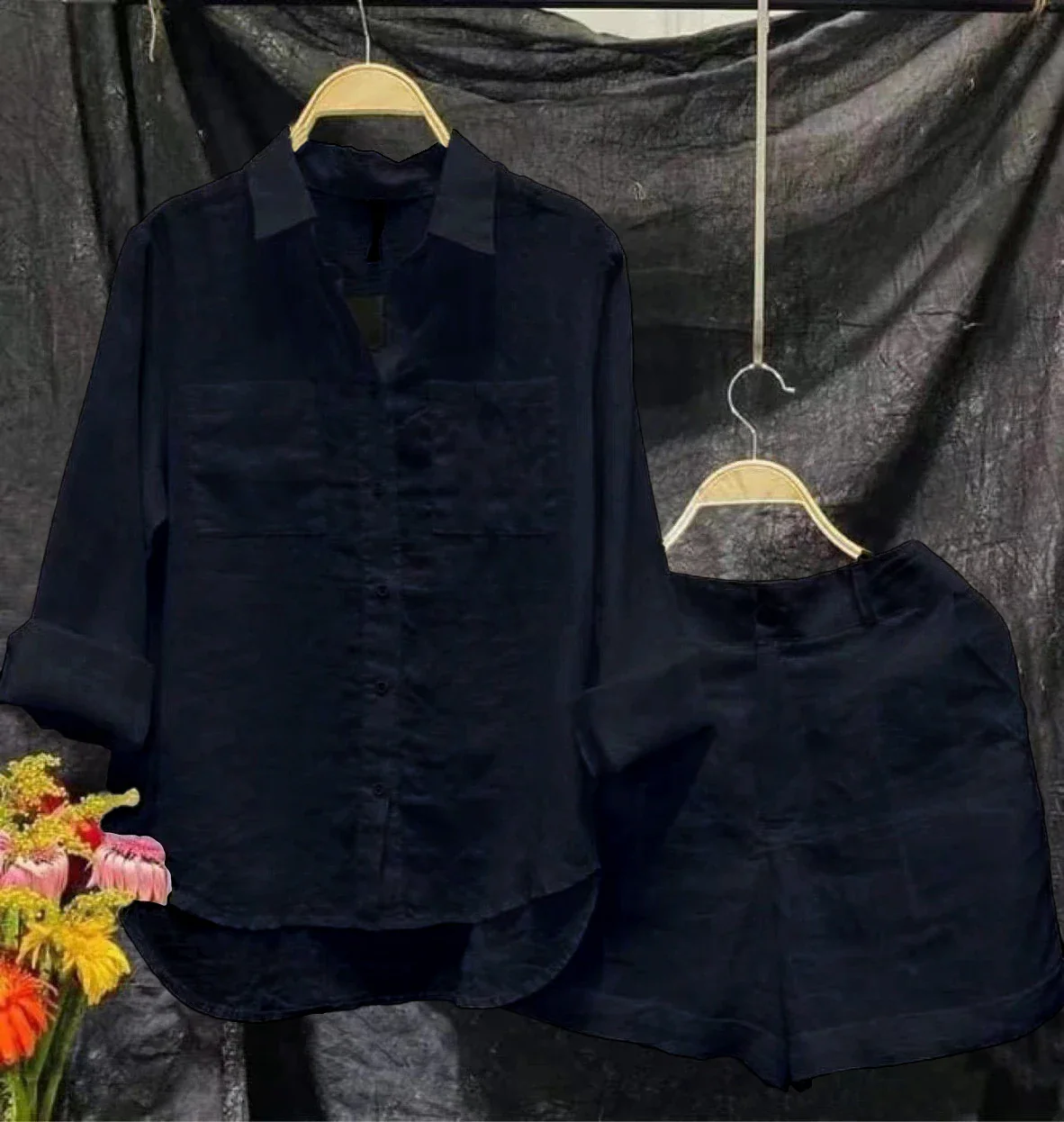 Fashion White Long Sleeve Shirt And Shorts Two Piece Sets Women 2023 Summer Cotton Linen Casual Home 2 Piece Set For Women - Image 7