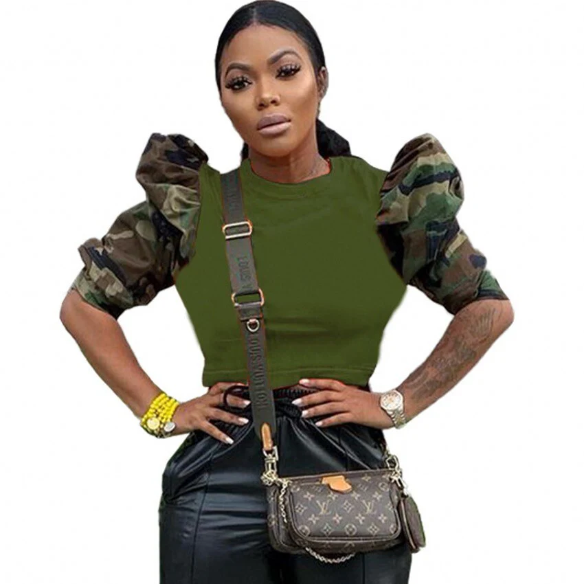 Fashion Women Crop Top Camouflage Printing Patchwork Lantern Sleeves Short T Shirt Spring Summer Casual Tees Streetwear 2022 - Image 2