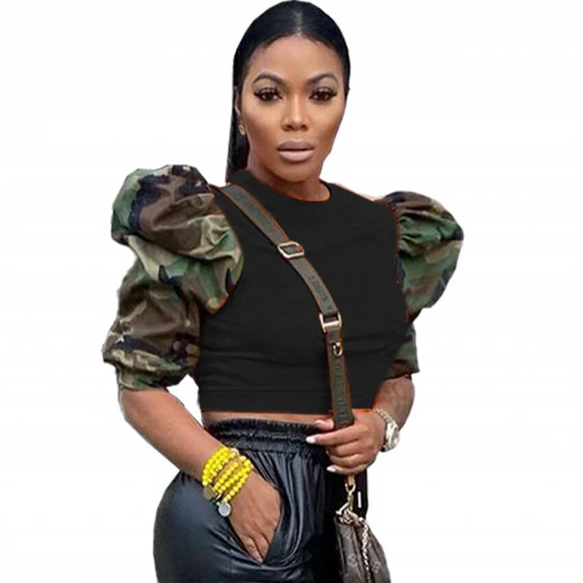 Fashion Women Crop Top Camouflage Printing Patchwork Lantern Sleeves Short T Shirt Spring Summer Casual Tees Streetwear 2022 - Image 3