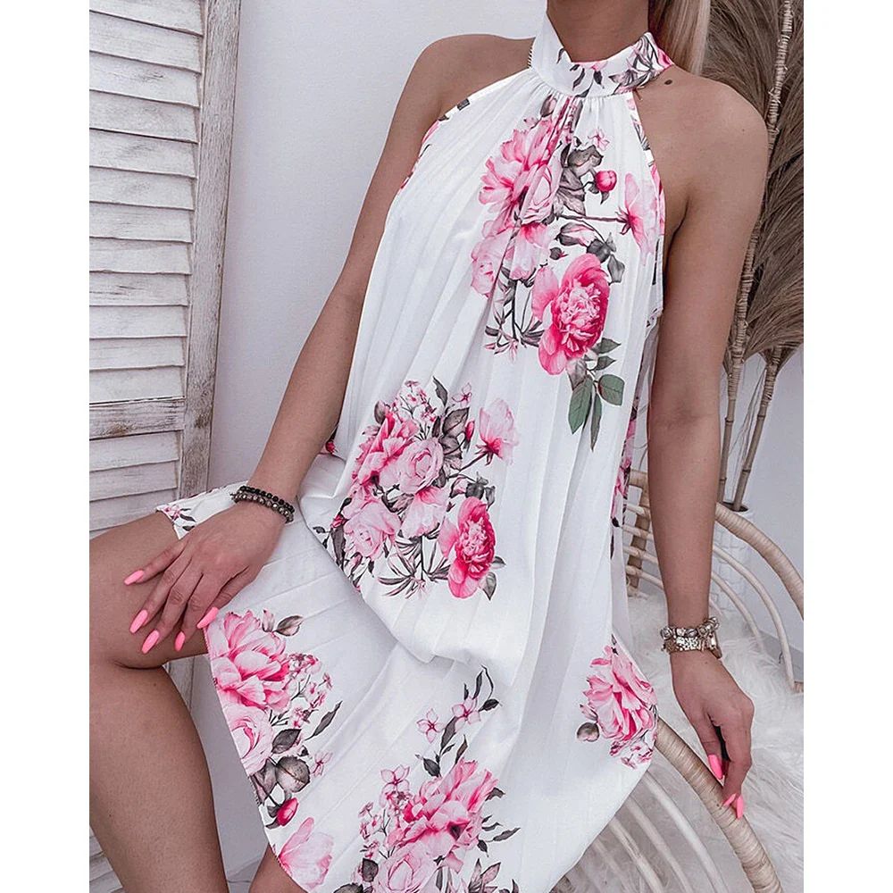 Fashion Women Floral Print Halter Casual Pleated Dress Summer Women Floral Mini Dress Causal Loose Daily Wear Sexy Robe Holiday - Image 2