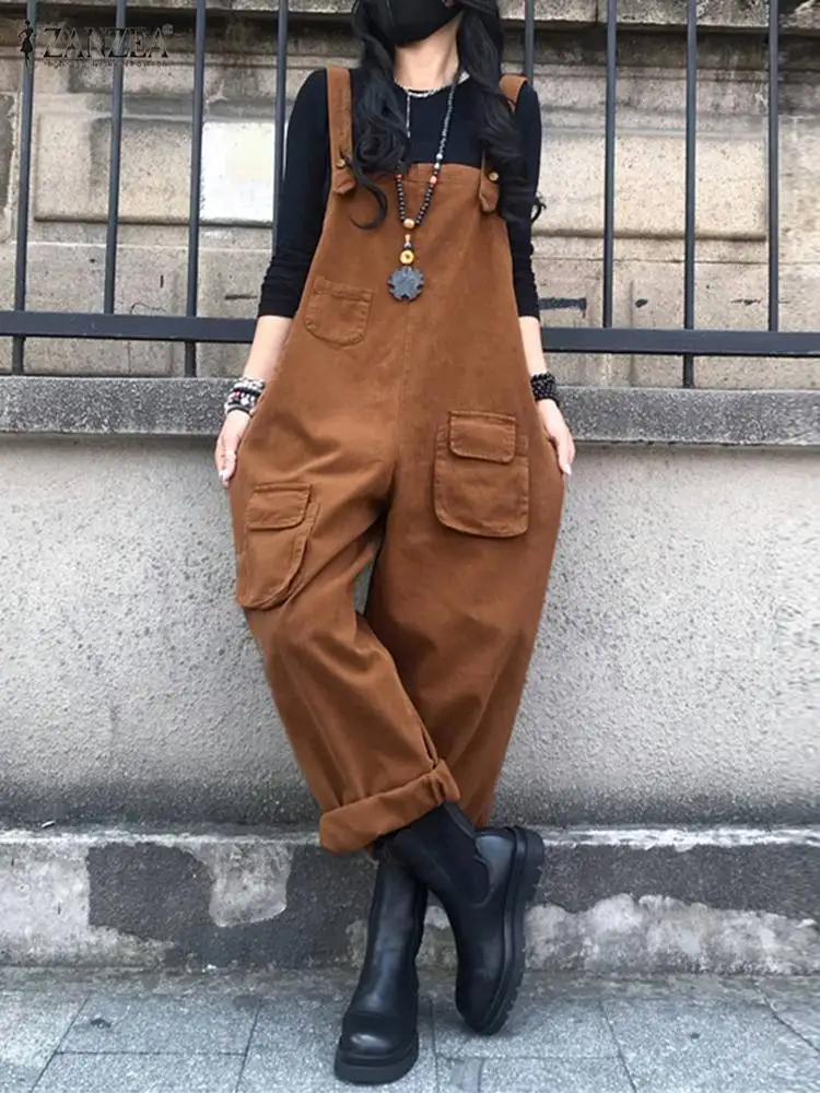 Fashion Women Jumpsuits Suspender Female Causal Loose Pocket Maxi Cargo Pants ZANZEA 2023 Spring Autumn Solid Rompers Overalls - Image 2