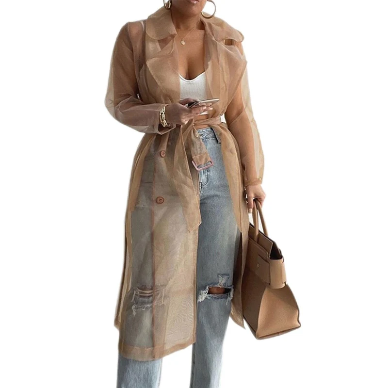 Fashion Women Mesh Jacket Puff Sleeve Sunscreen Shirt Lace Up Summer Thin Coat - Image 3