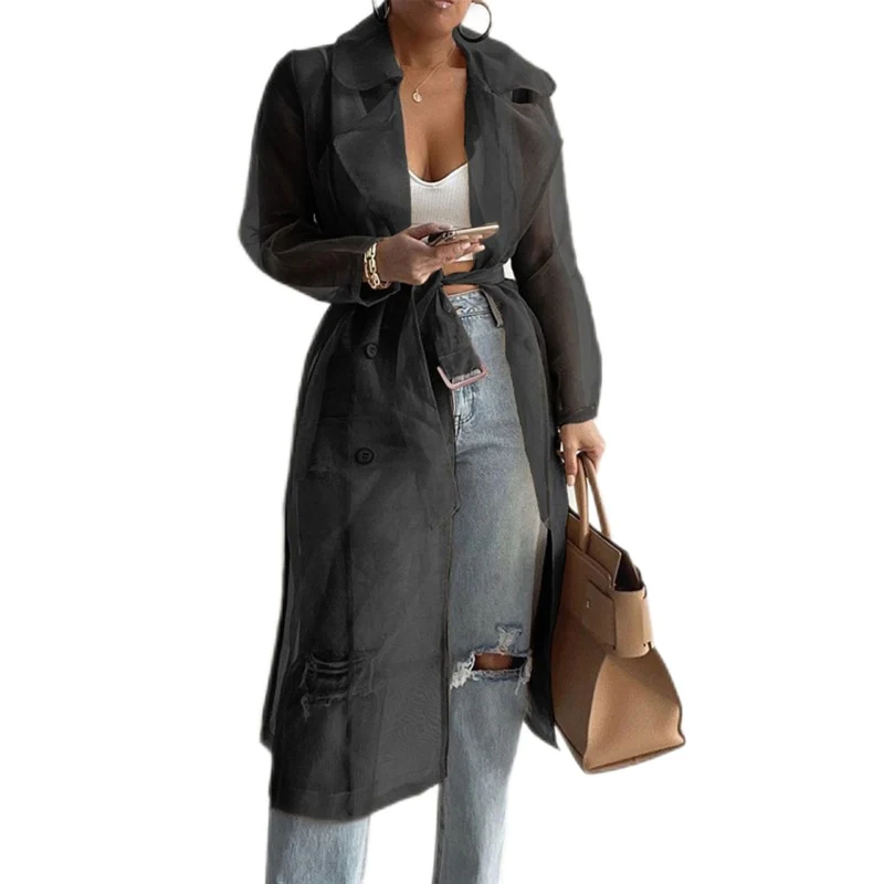 Fashion Women Mesh Jacket Puff Sleeve Sunscreen Shirt Lace Up Summer Thin Coat - Image 4