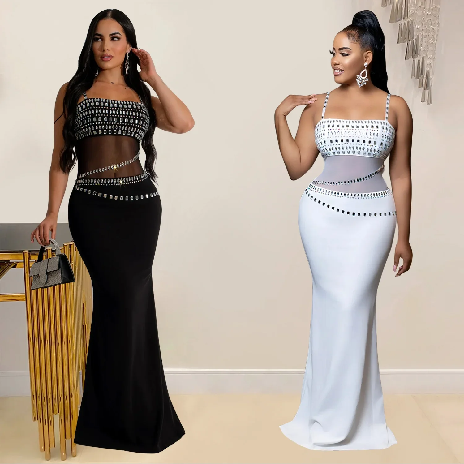 Fashion Women's Hot Diamond Mesh Dresses Summer New Sexy Transparent Lace Party Elegant Female Maxi Dress 2025 - Image 6