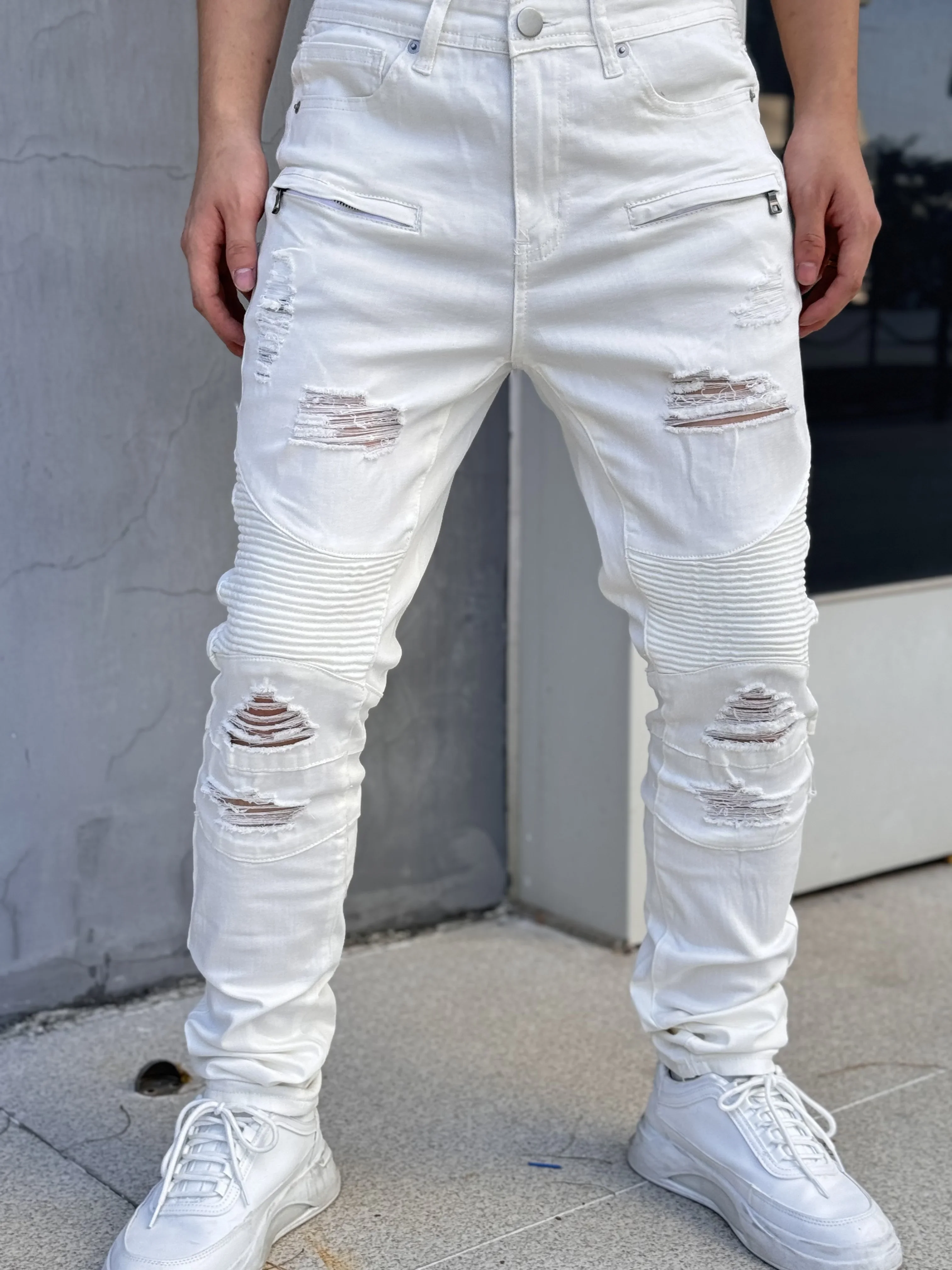Fashionable Men's Jeans   Cool and Stylish Hip Hop Style Casual Pants   White Cotton Blended Fabric   Breathable and Comfortable - Image 6