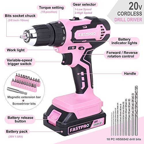 FASTPRO 232-Piece 20V Pink Cordless Lithium-ion Drill Driver and Home Tool Set, Lady's Repairing Kit with 12-Inch Wide Mouth Open Storage Bag - Image 7
