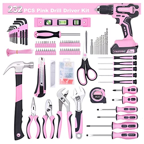 FASTPRO 232-Piece 20V Pink Cordless Lithium-ion Drill Driver and Home Tool Set, Lady's Repairing Kit with 12-Inch Wide Mouth Open Storage Bag - Image 8