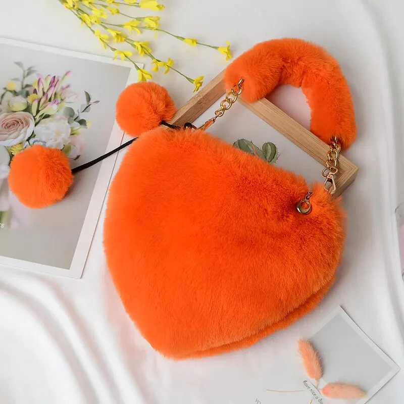 Faux Fur Winter Women Handbags Cute Plush Ladies Heart Shaped Shoulder Bag Cute Female Clutch Purse Love Handbags Messenger Bag - Image 17