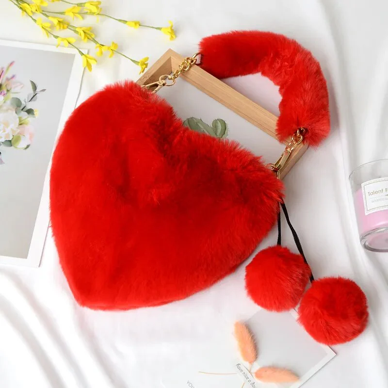 Faux Fur Winter Women Handbags Cute Plush Ladies Heart Shaped Shoulder Bag Cute Female Clutch Purse Love Handbags Messenger Bag - Image 21