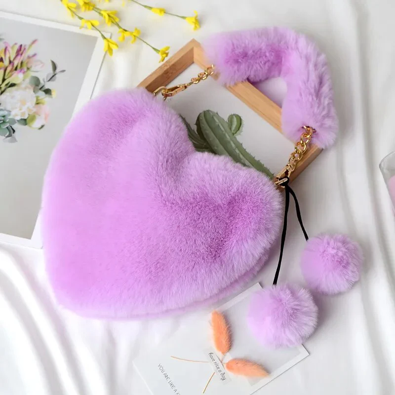 Faux Fur Winter Women Handbags Cute Plush Ladies Heart Shaped Shoulder Bag Cute Female Clutch Purse Love Handbags Messenger Bag - Image 7