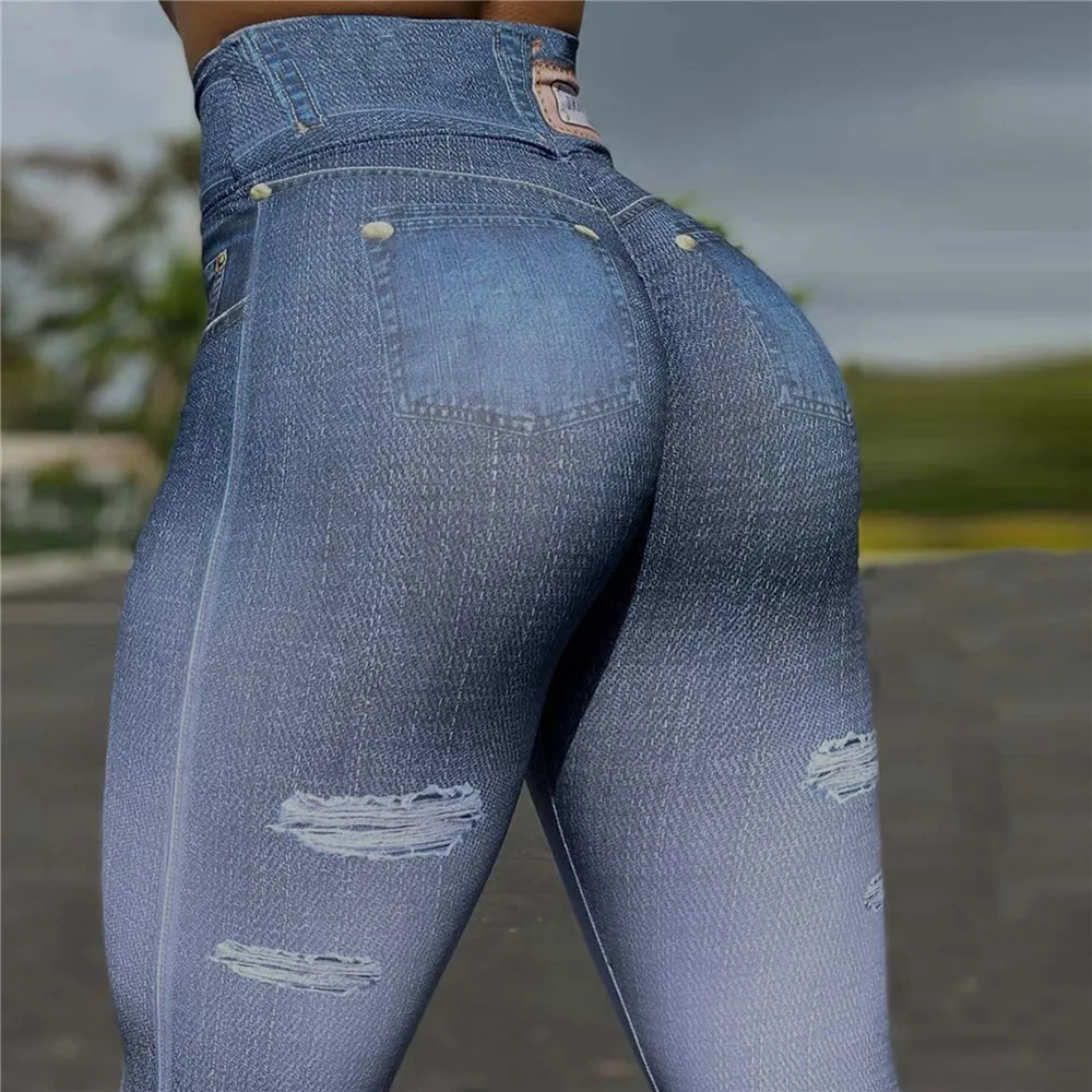 FCCEXIO Ripped Jeans 3D Print Women Pants Push Up Running Sports Leggings Slim Pants Female Casual Trousers Fitness Sexy Legging - Image 2