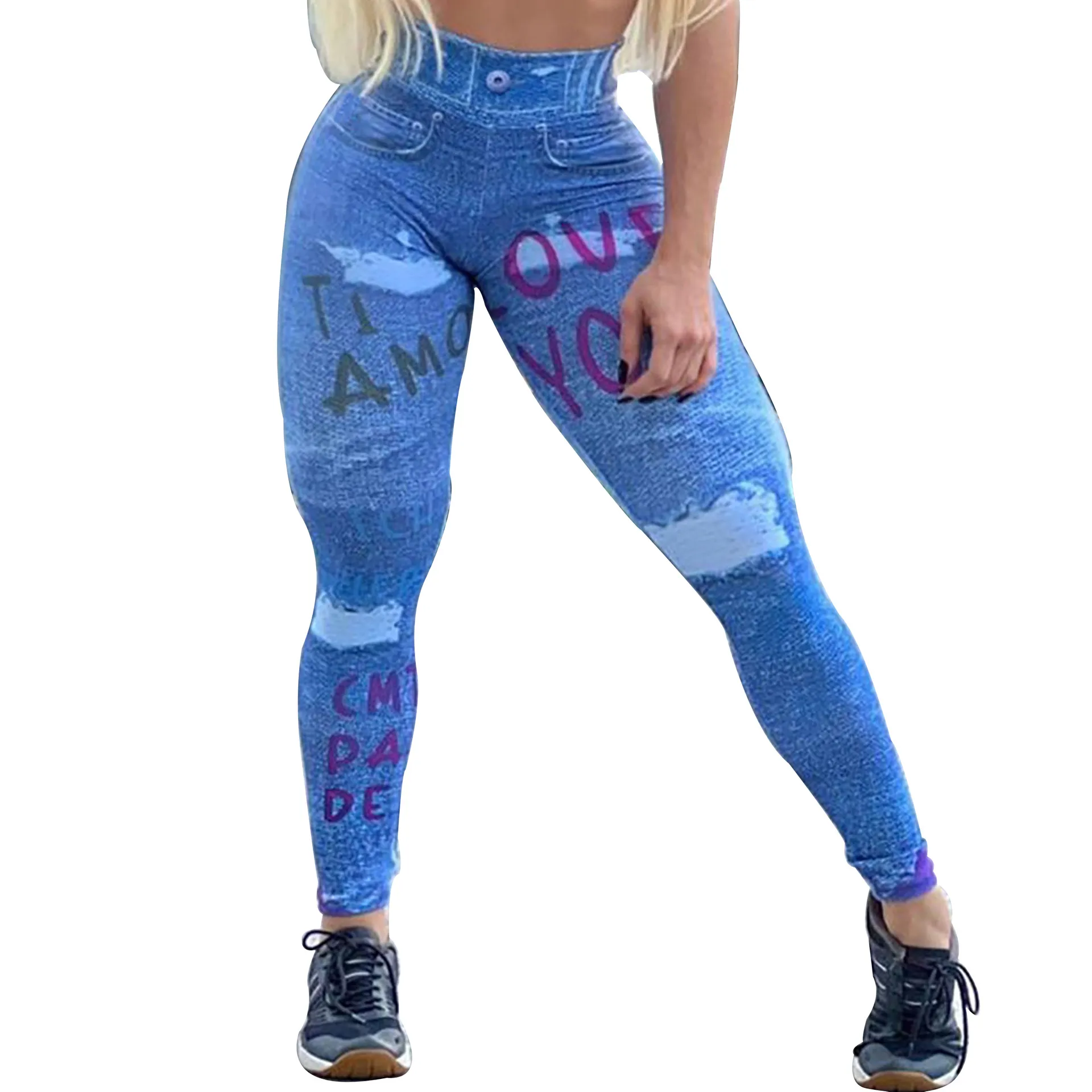 FCCEXIO Ripped Jeans 3D Print Women Pants Push Up Running Sports Leggings Slim Pants Female Casual Trousers Fitness Sexy Legging - Image 9