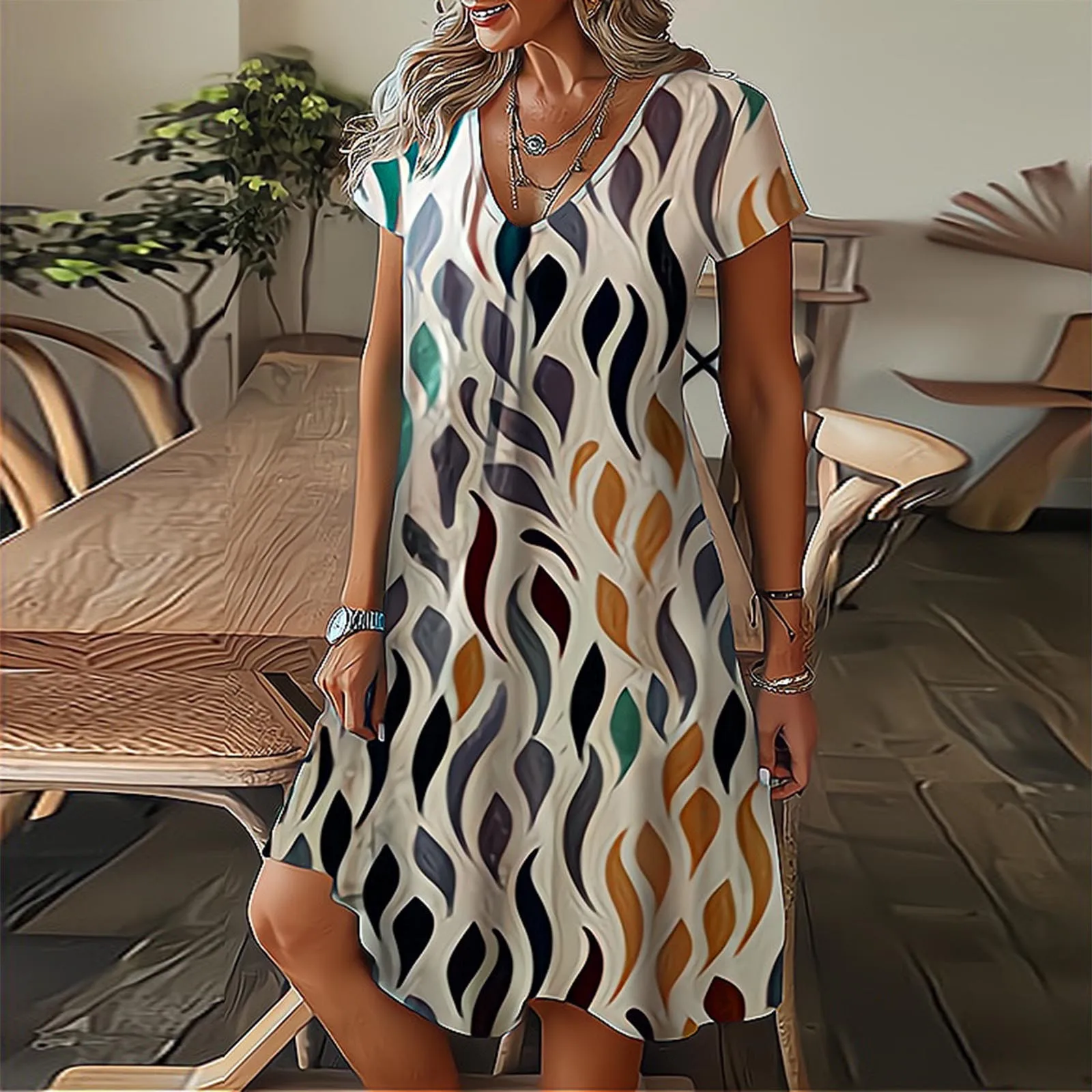Feather Print Dresses Women Summer 2023 Clothing Short Sleeve V-Neck Mini Dress Elegant Bohemian Trendy Sundress Beach Vestidos - Image 10
