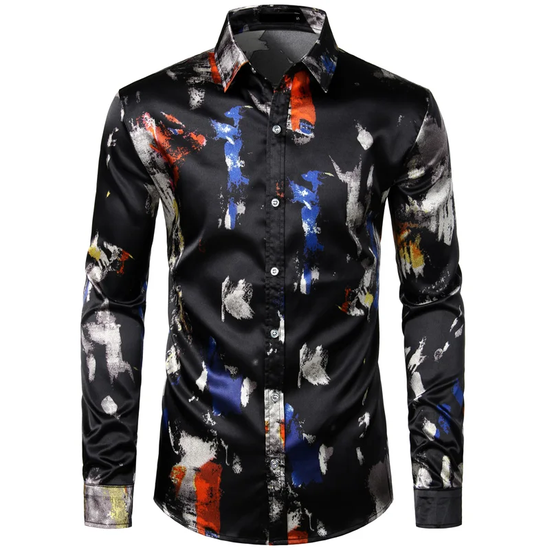 Feather Printed Silk Shirt Men Satin Smooth Men Long Sleeve Casual Party Button Down Men Designer Shirts for Men Camisas Hombre - Image 6