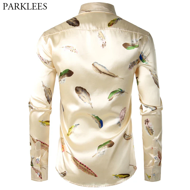 Feather Printed Silk Shirt Men Satin Smooth Men Long Sleeve Casual Party Button Down Men Designer Shirts for Men Camisas Hombre - Image 8