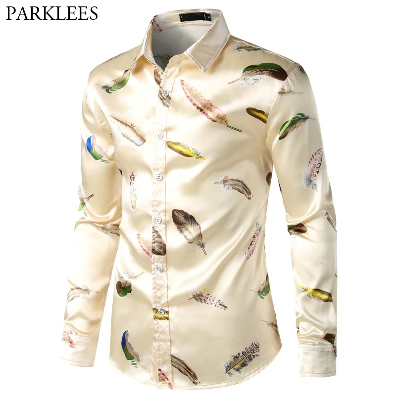 Feather Printed Silk Shirt Men Satin Smooth Men Long Sleeve Casual Party Button Down Men Designer Shirts for Men Camisas Hombre - Image 9