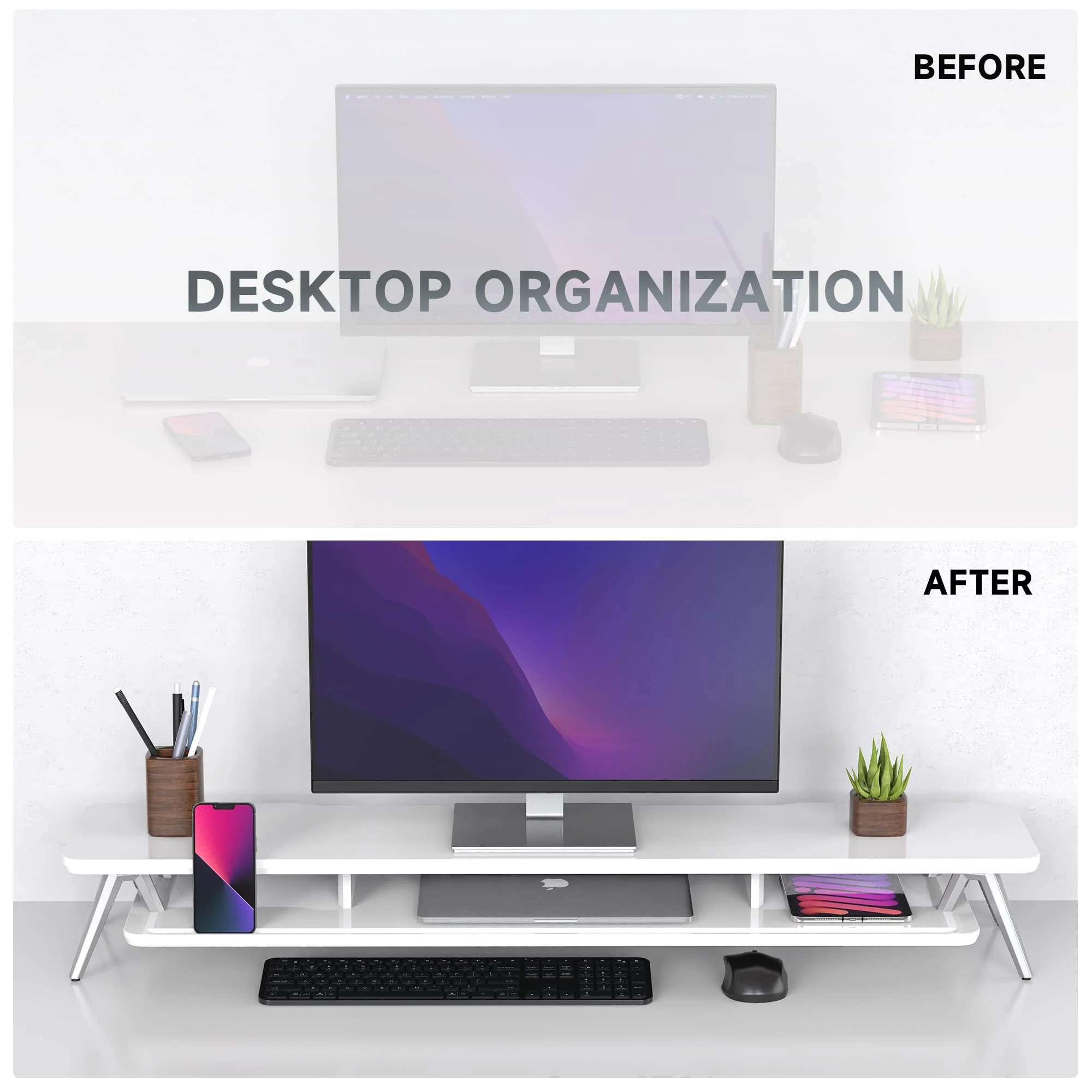 Fenge Dual Monitor Stand, Monitor Stands Riser for 2 monitors, 42.5 Inch Wood Desk Shelf with Storage Organizer and Cable Management for Office Desk Accessories - Image 2