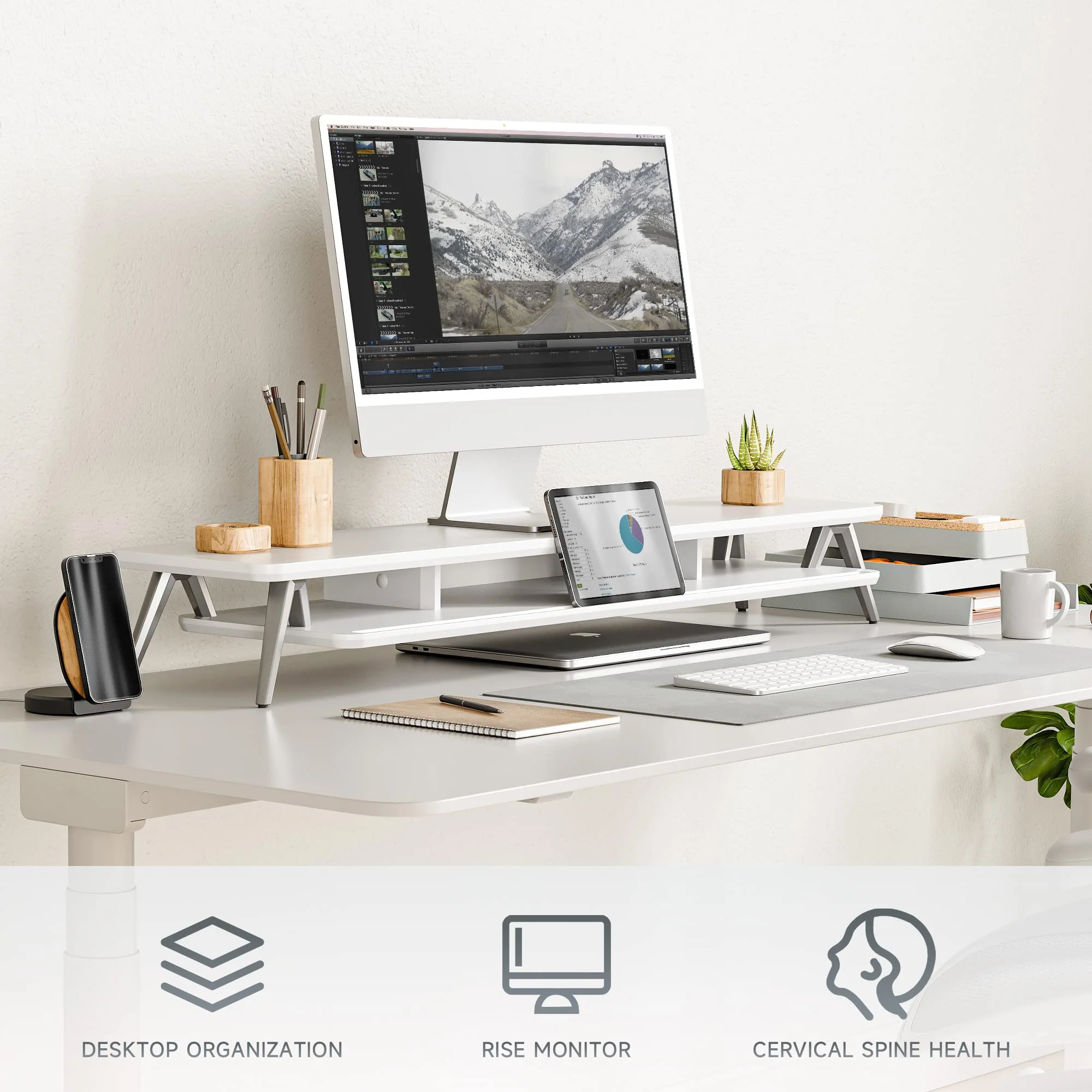 Fenge Dual Monitor Stand, Monitor Stands Riser for 2 monitors, 42.5 Inch Wood Desk Shelf with Storage Organizer and Cable Management for Office Desk Accessories - Image 3