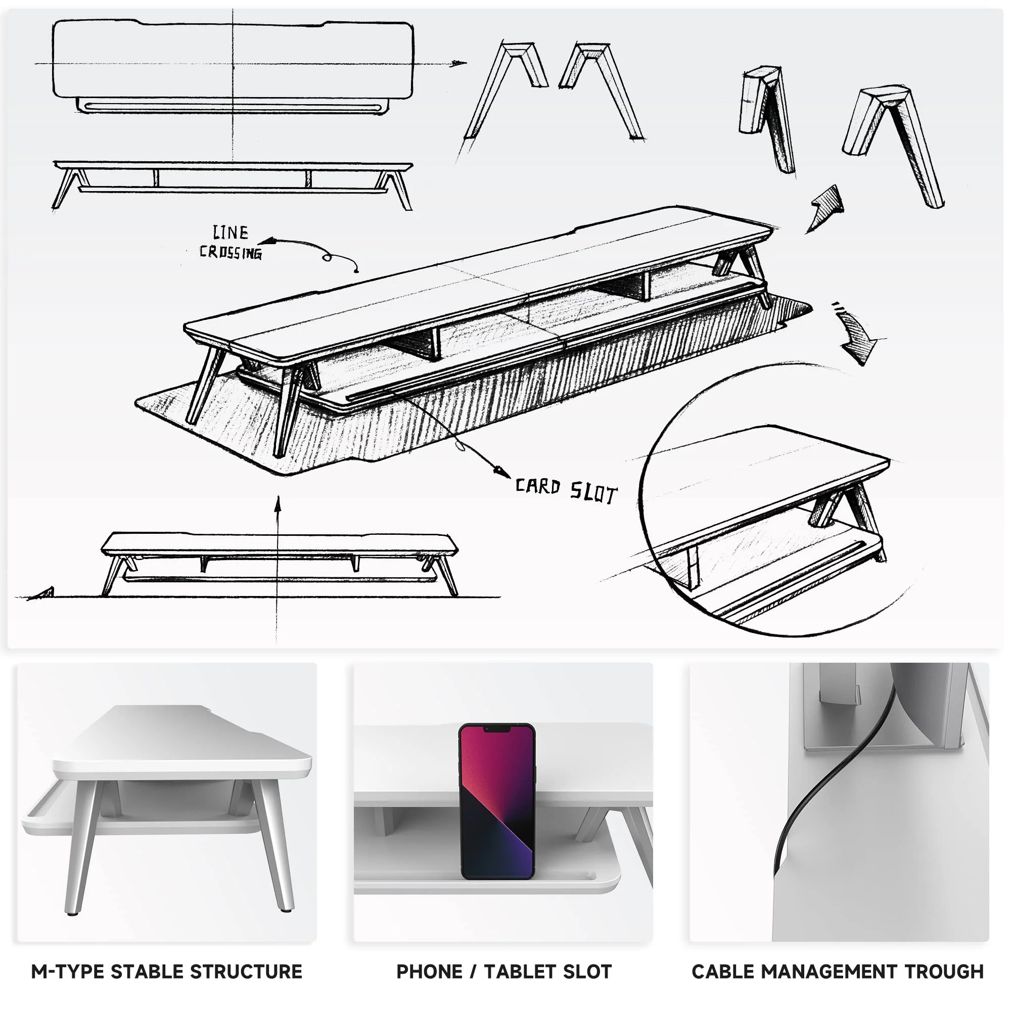 Fenge Dual Monitor Stand, Monitor Stands Riser for 2 monitors, 42.5 Inch Wood Desk Shelf with Storage Organizer and Cable Management for Office Desk Accessories - Image 4