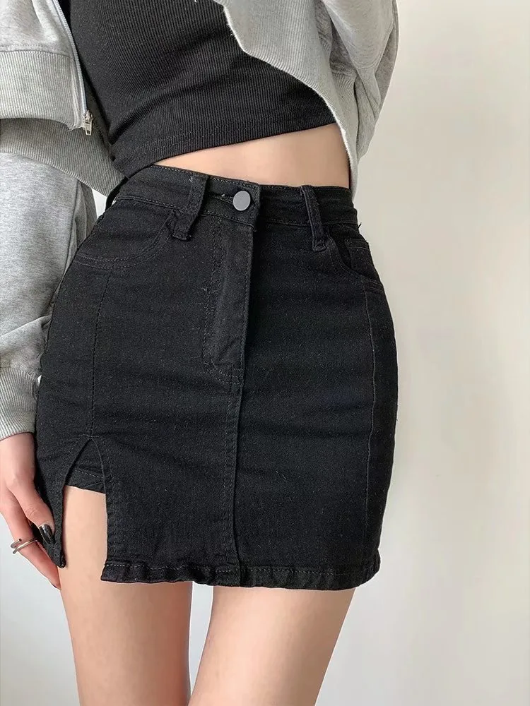 Feynzz Small Split Denim Skirt Women's Summer Elastic Slim Fit High Waist A-line Hot Girl Bag Hip Skirt - Image 2
