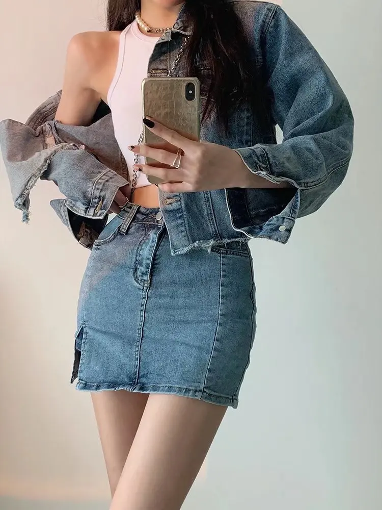 Feynzz Small Split Denim Skirt Women's Summer Elastic Slim Fit High Waist A-line Hot Girl Bag Hip Skirt - Image 4